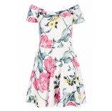 QUIZ Cream Floral Print Off Shoulder Dress