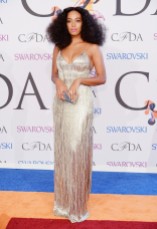 Solange Knowles in Calvin Klein Collection embellished pewter silk dress; Lorraine Schwartz White diamond earrings and diamond ring.